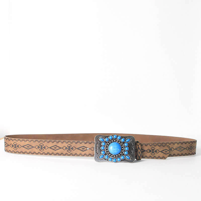 Cinturón con hebilla de aleación en relieve plateado antiguo y turquesa azul