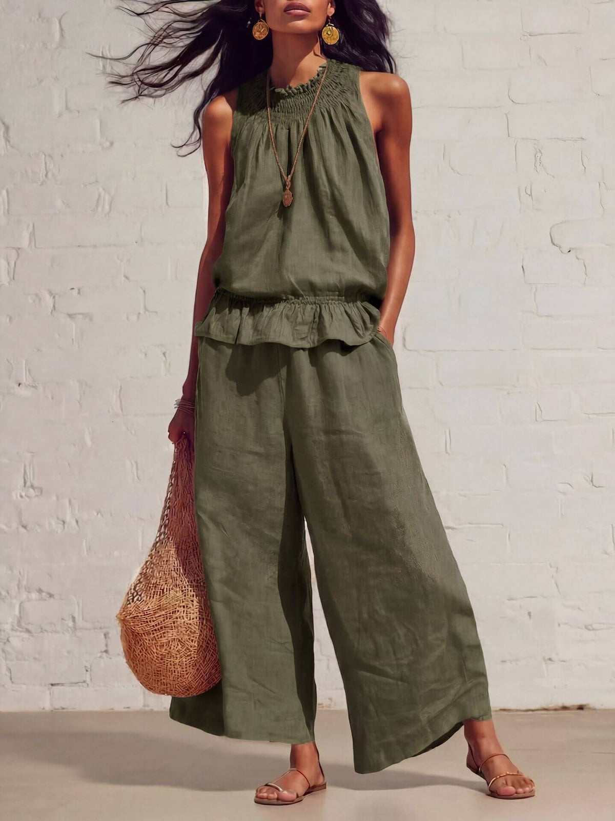 Women's Two-Piece Set Retro Ruffled Cotton Knitted
