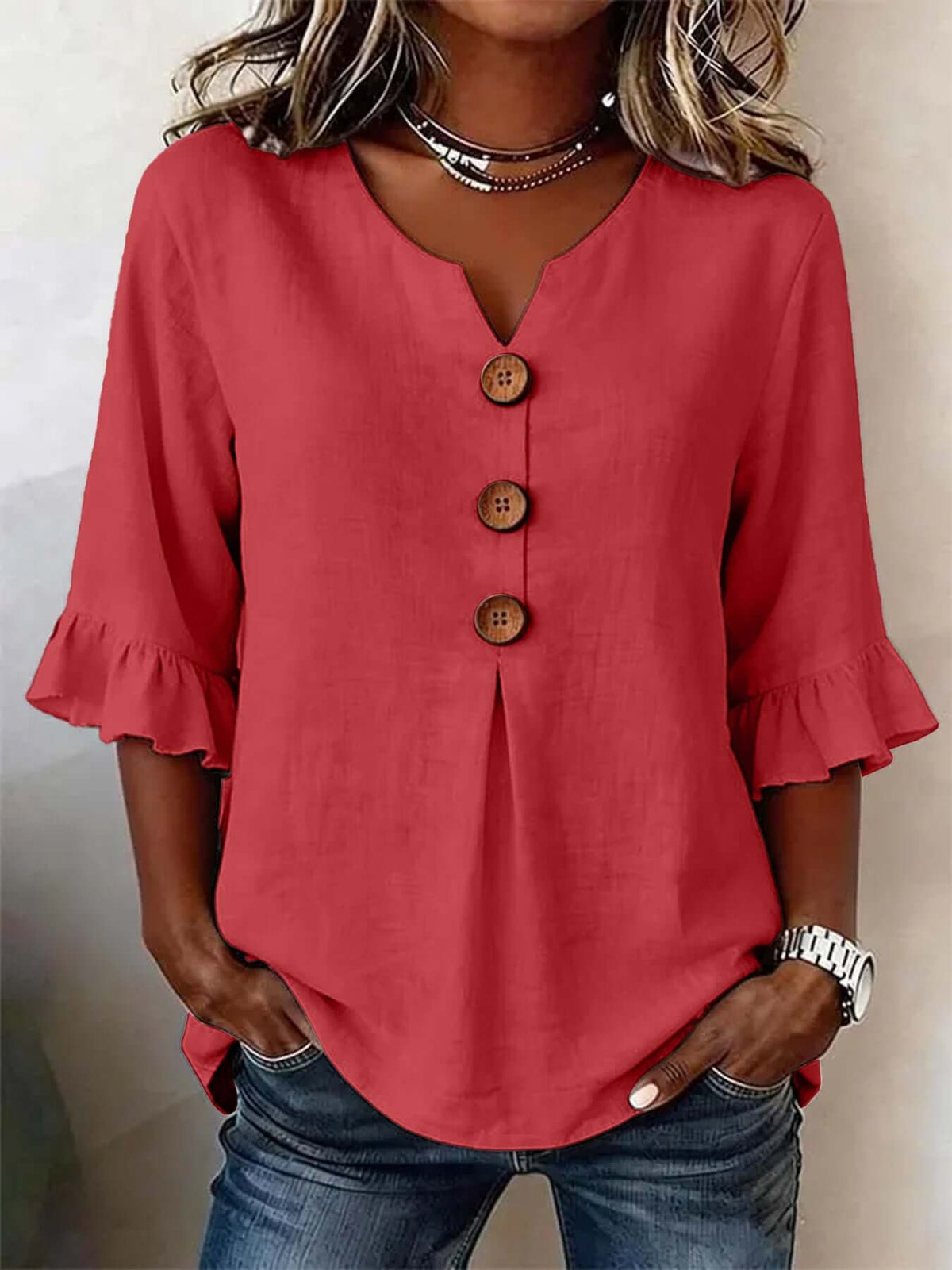 Women's V-neck Cotton-linen Button up Top
