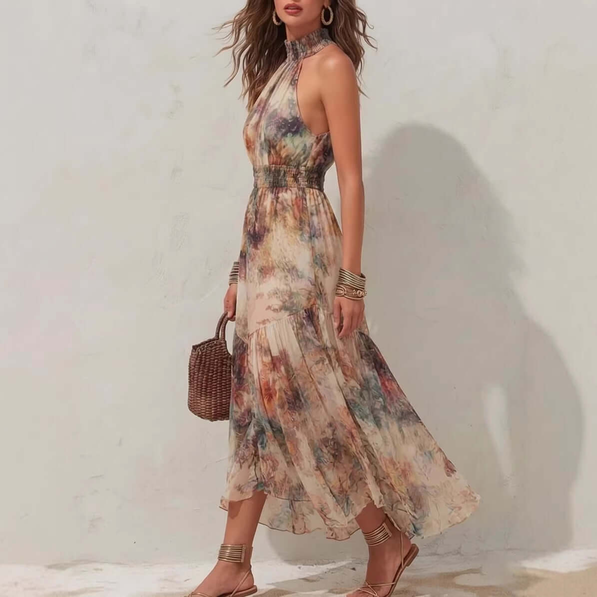 Womens halter neck printed dress with a floral design, perfect for summer occasions at Elena's Fashion Boutique.