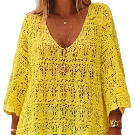 Ladies Crochet Drop Shoulder V-Neck Solid Colors