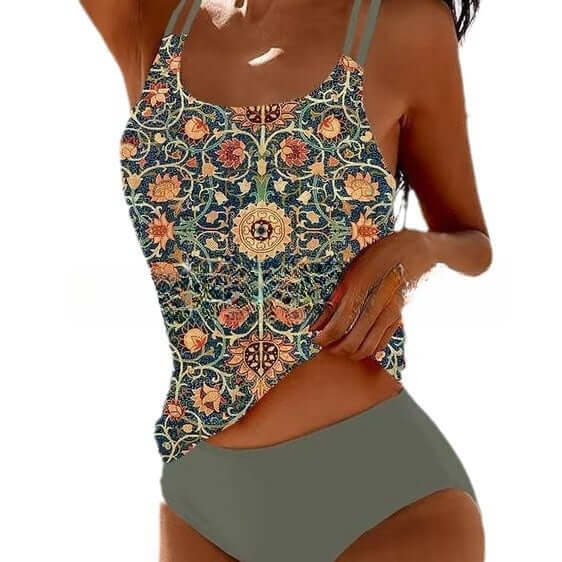 Traje de baño con estampado de playa, bikini retro de talle alto y tiras
