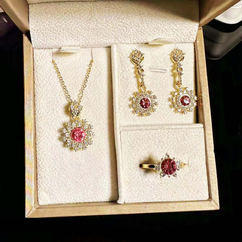 Women's Pomegranate Red Rings Pendants Earrings Set