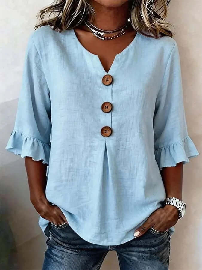 Women's V-neck Cotton-linen Button up Top