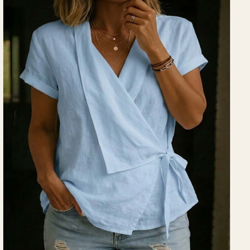 Top de mujer informal de manga corta con cuello de solapa y cordones