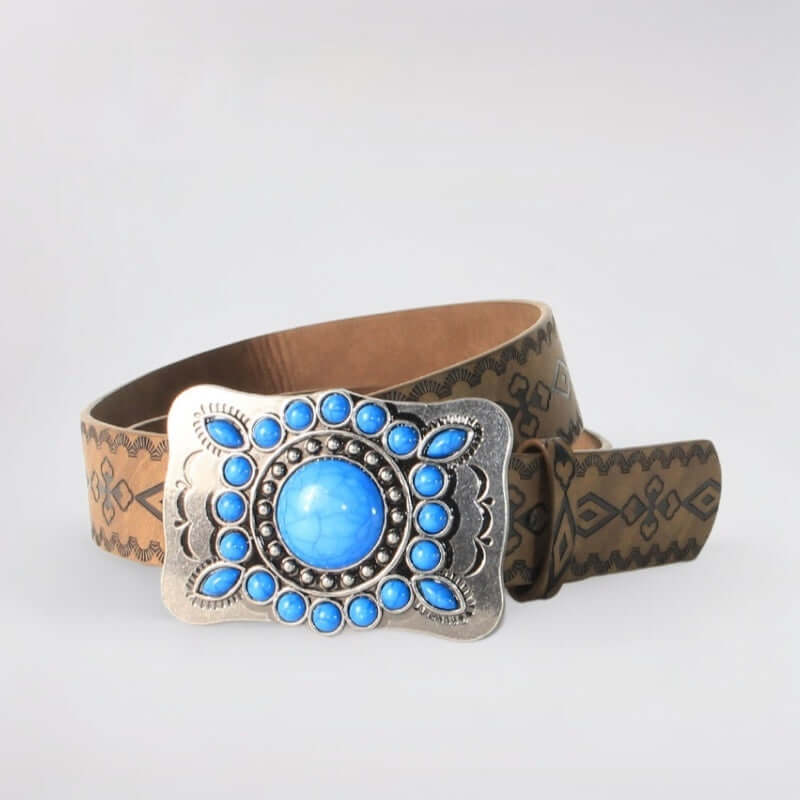 Cinturón con hebilla de aleación en relieve plateado antiguo y turquesa azul