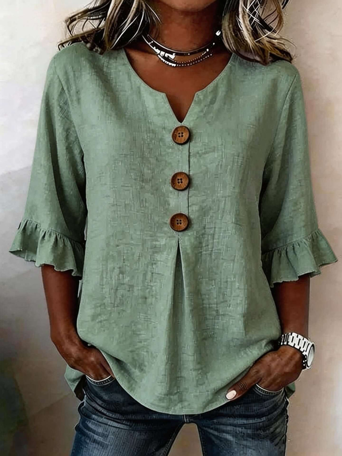 Women's V-neck Cotton-linen Button up Top