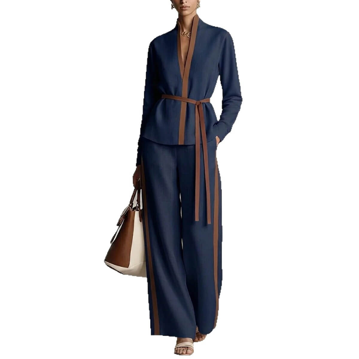 Conjunto de blusa cárdigan con cuello mandarín y pantalón de pierna ancha para mujer