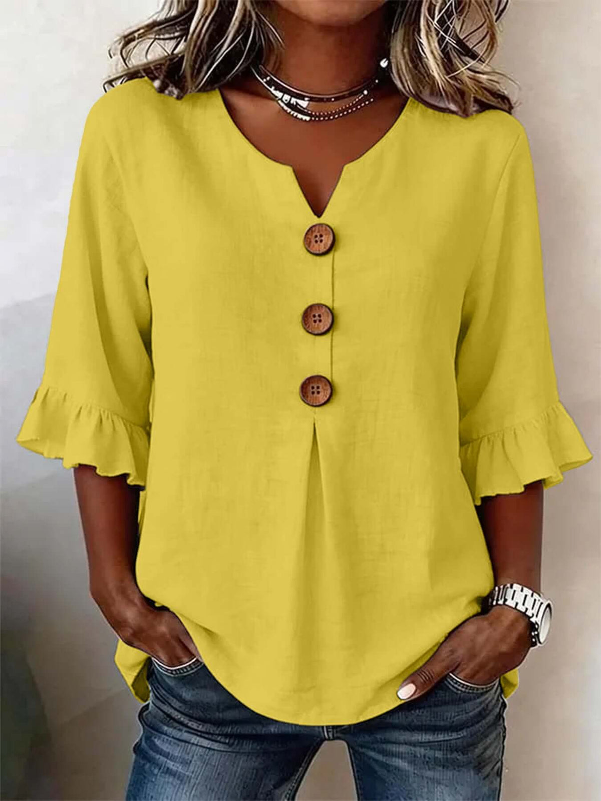 Women's V-neck Cotton-linen Button up Top