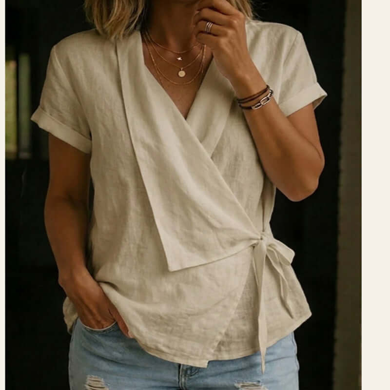 Top de mujer informal de manga corta con cuello de solapa y cordones