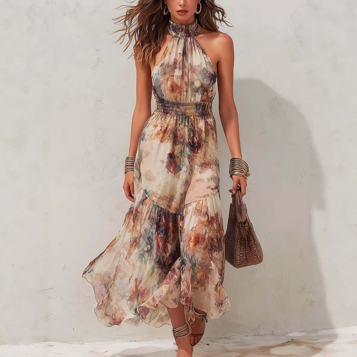 womens halter neck printed dress with a floral design, perfect for day-to-night occasions.