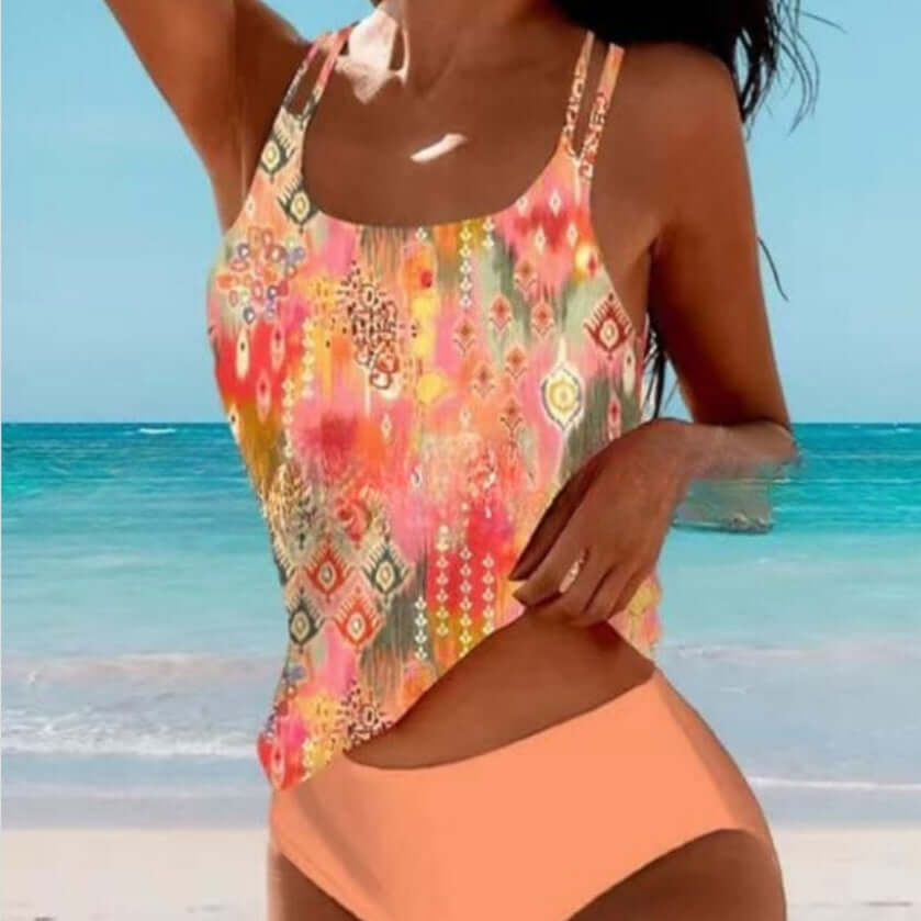 Traje de baño con estampado de playa, bikini retro de talle alto y tiras