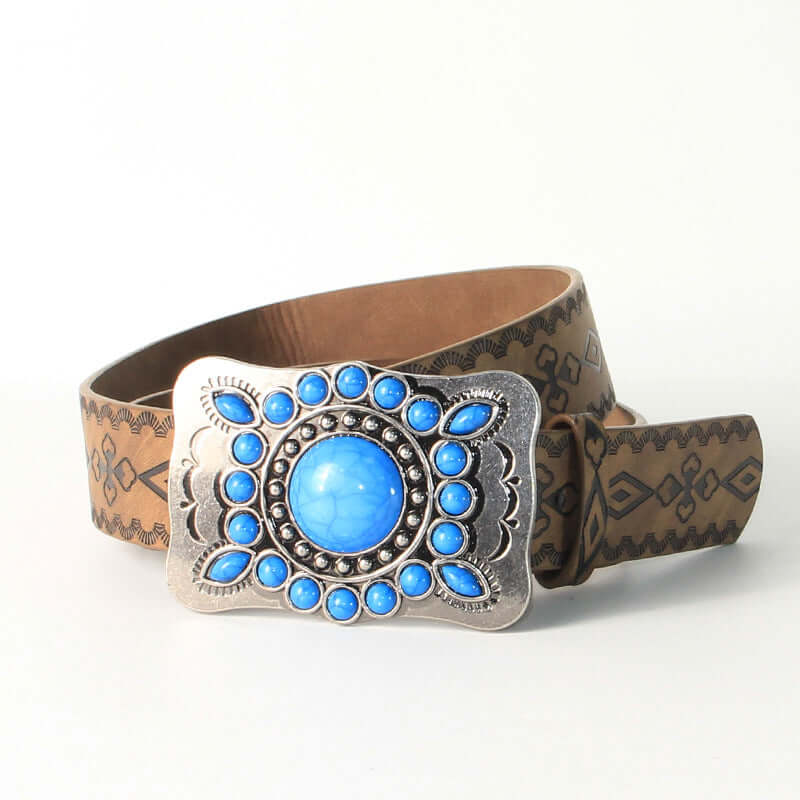 Cinturón con hebilla de aleación en relieve plateado antiguo y turquesa azul