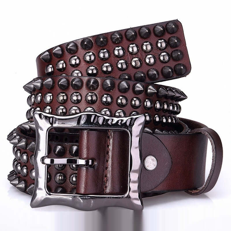 Cinturón unisex con hebilla de punta y remaches, de cuero vacuno plena flor