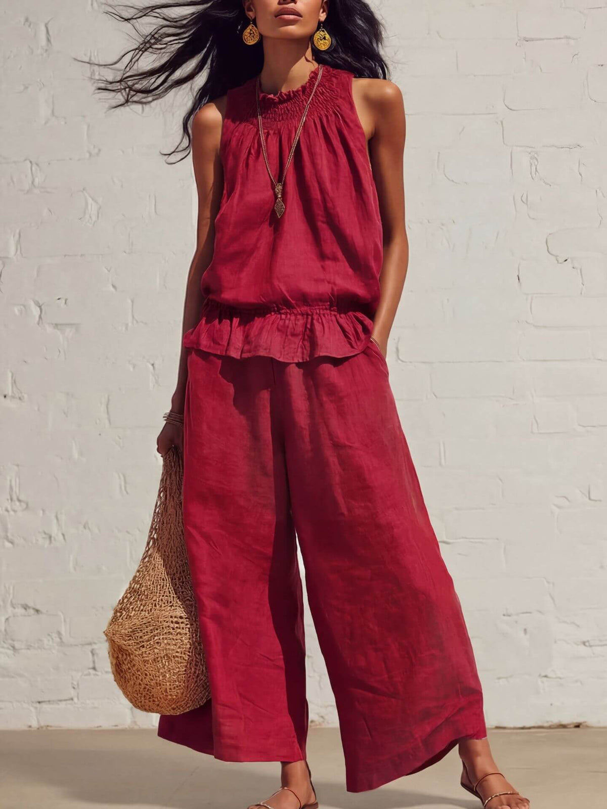 Women's Two-Piece Set Retro Ruffled Cotton Knitted