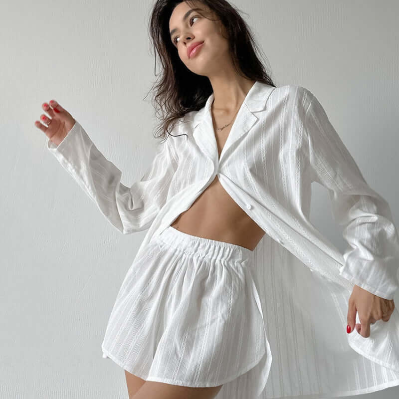 Women's Comfortable White Pure Cotton Loose-Fit Long-Sleeve Shorts Set
