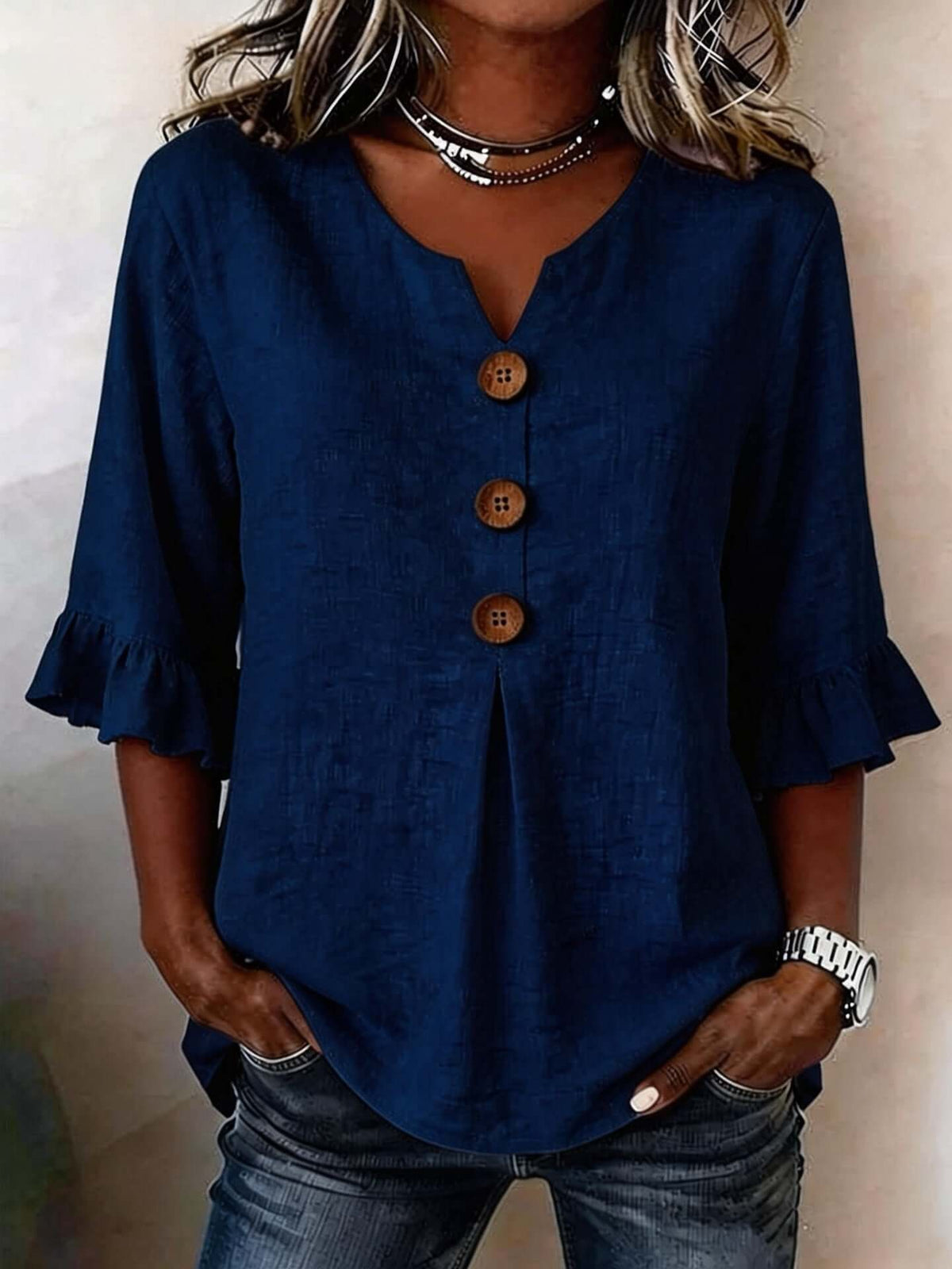 Women's V-neck Cotton-linen Button up Top