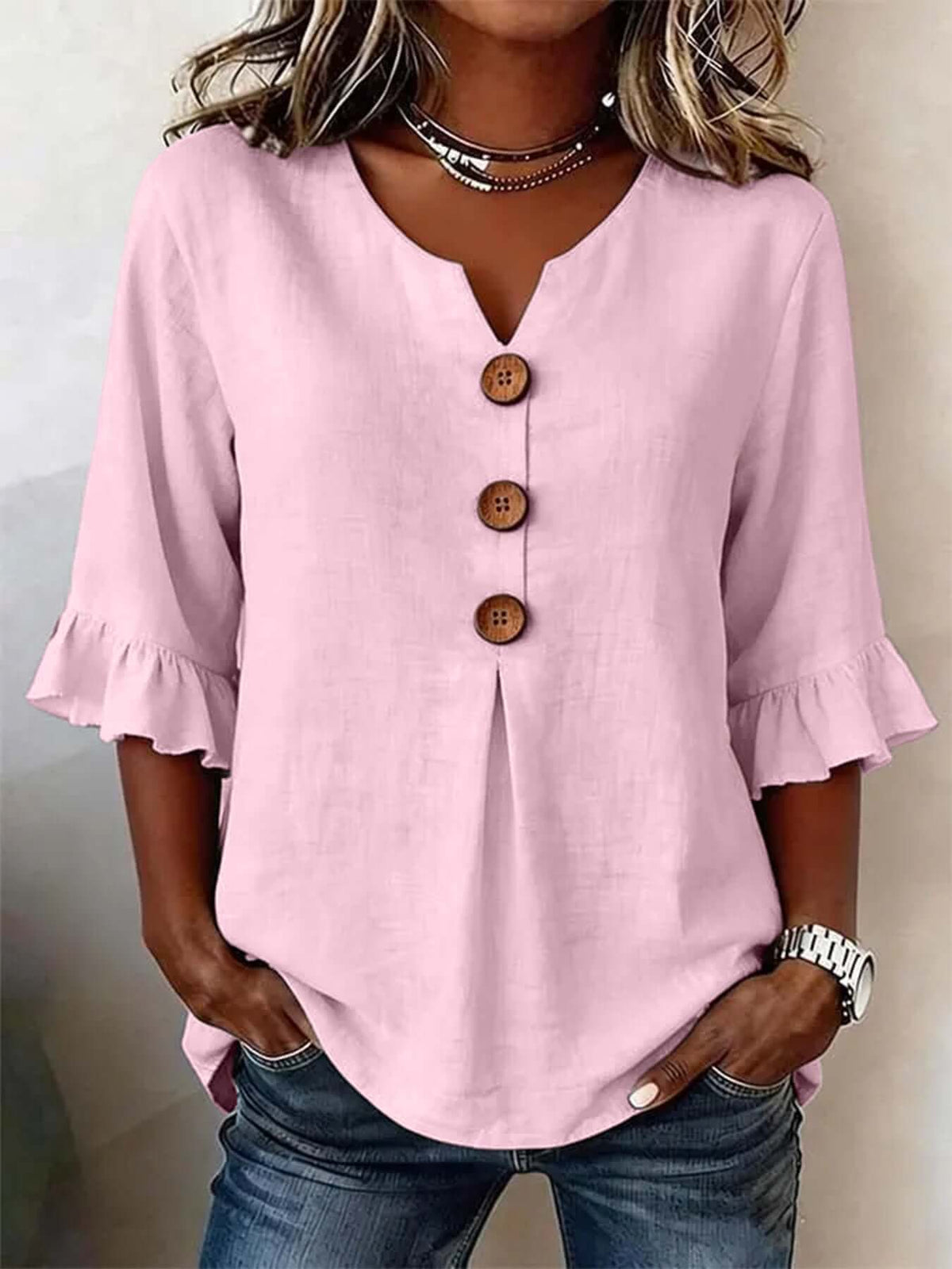 Women's V-neck Cotton-linen Button up Top