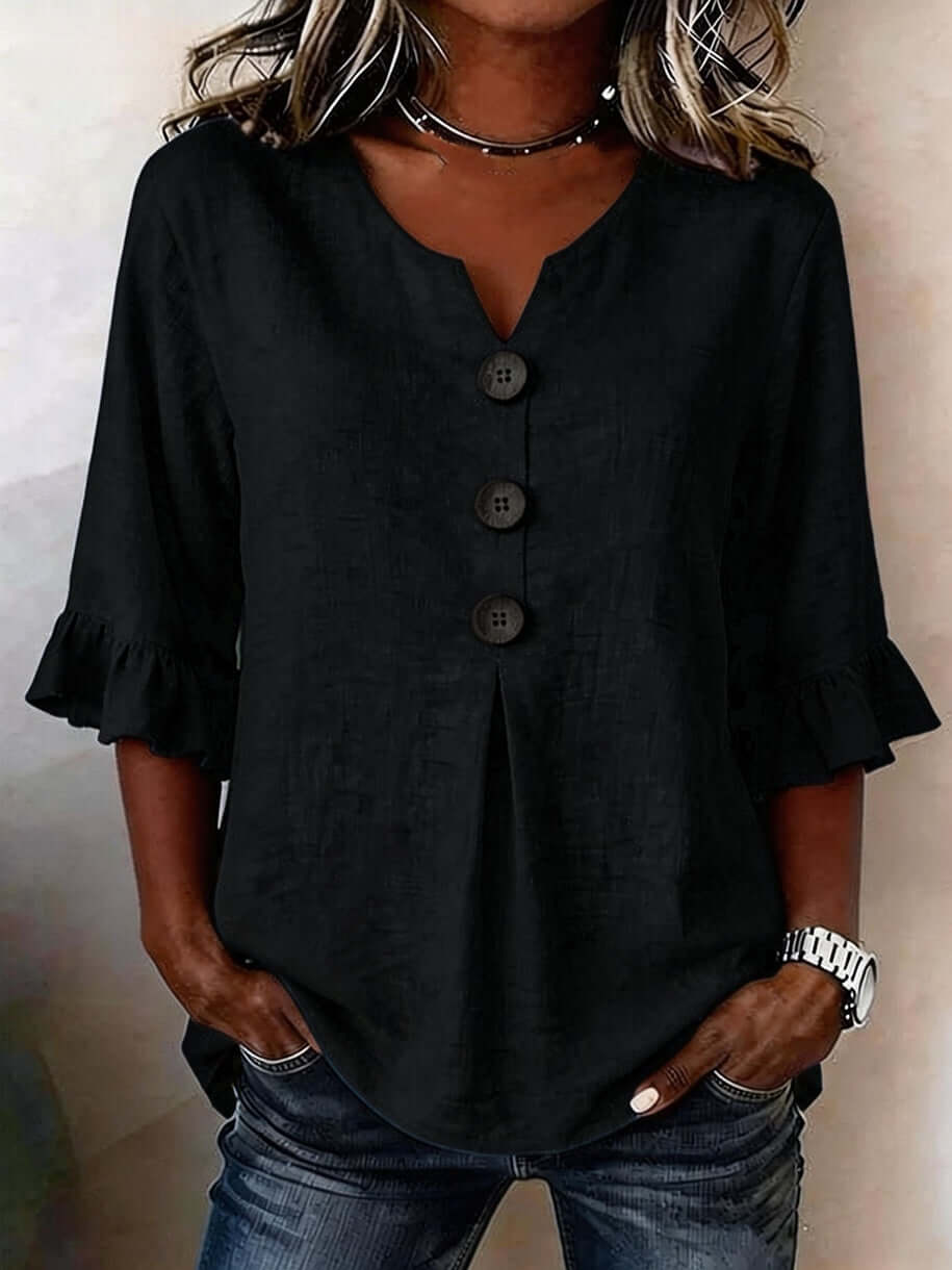 Women's V-neck Cotton-linen Button up Top