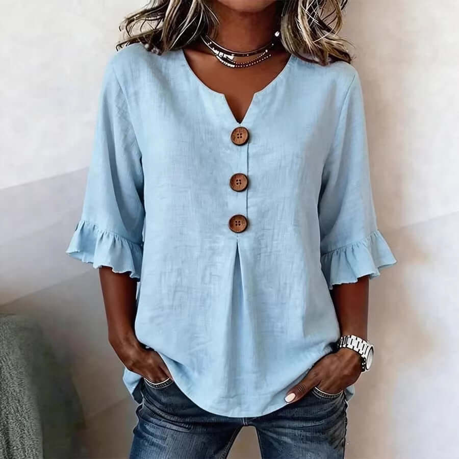 Women's V-neck Cotton-linen Button up Top