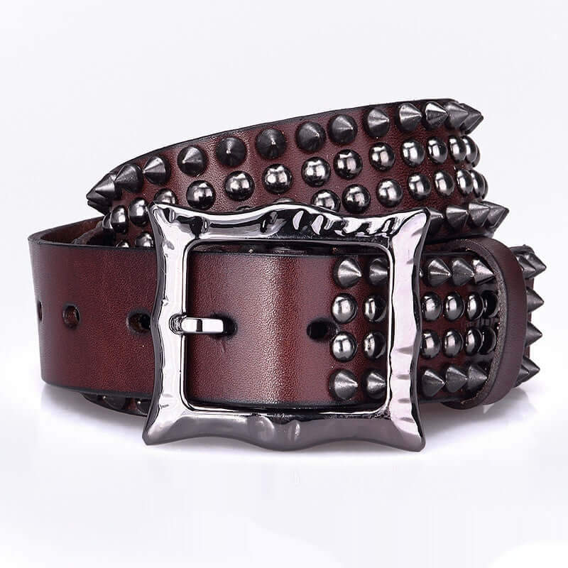 Cinturón unisex con hebilla de punta y remaches, de cuero vacuno plena flor