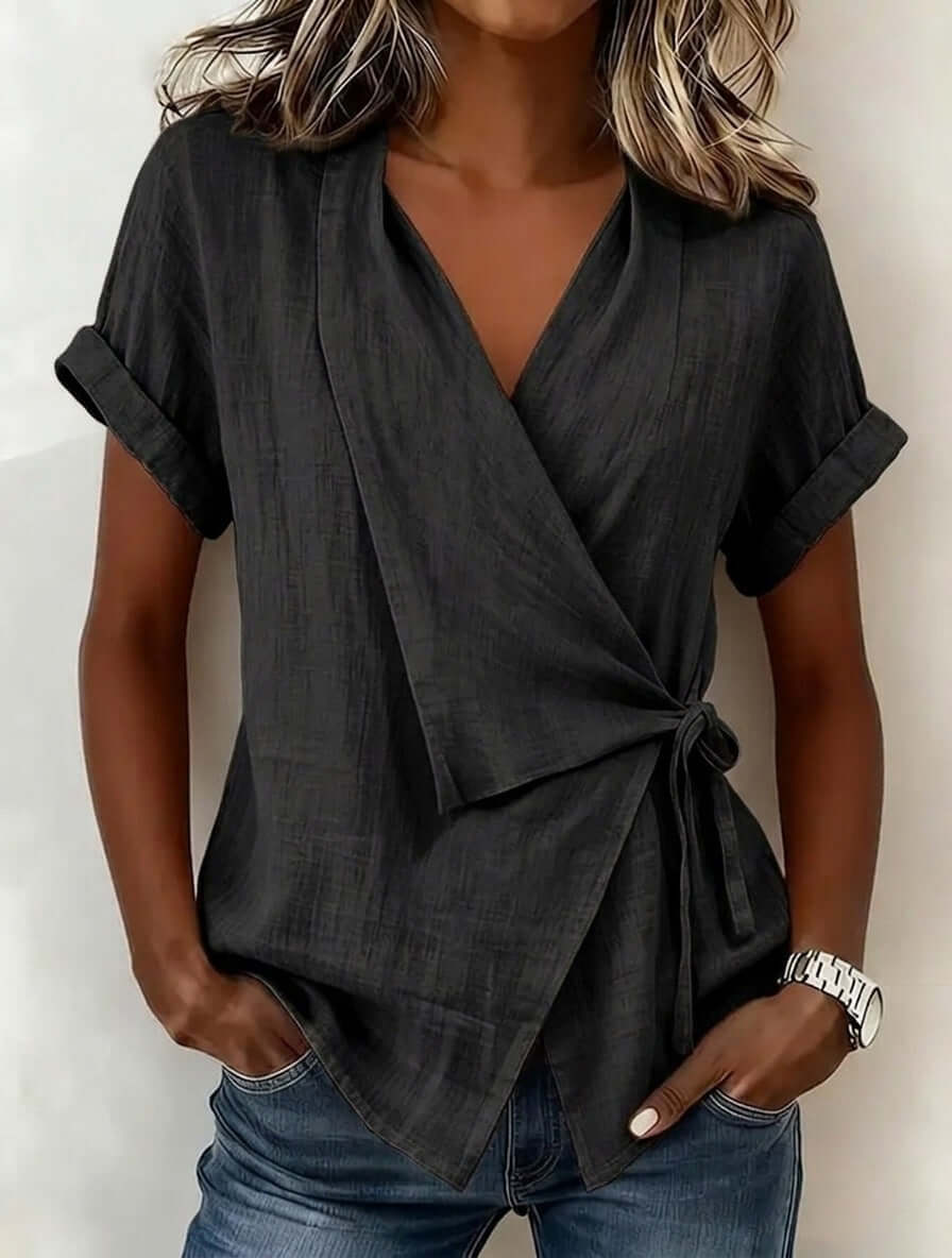 Top de mujer informal de manga corta con cuello de solapa y cordones