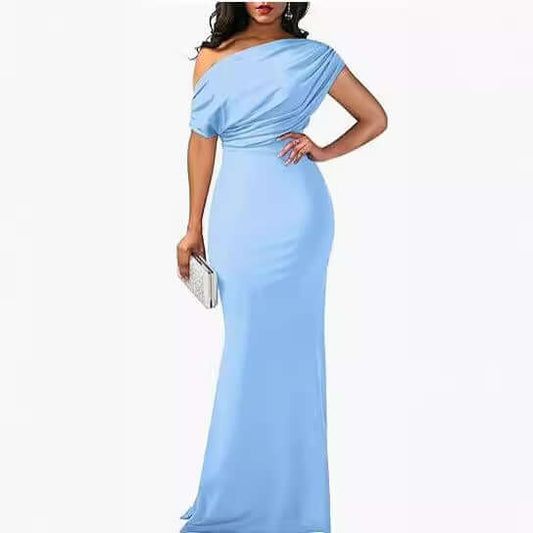 Long formal party dress for women in elegant blue, showcasing a flattering silhouette and off-shoulder design.