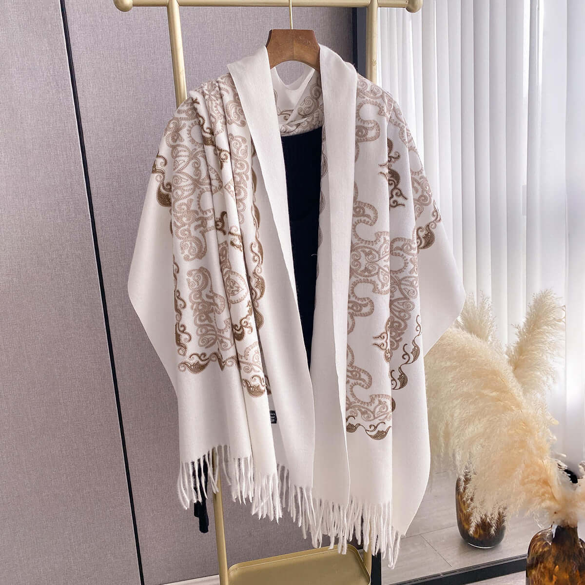 Women's High-End Warm Dual Embroidered Tassel Shawl