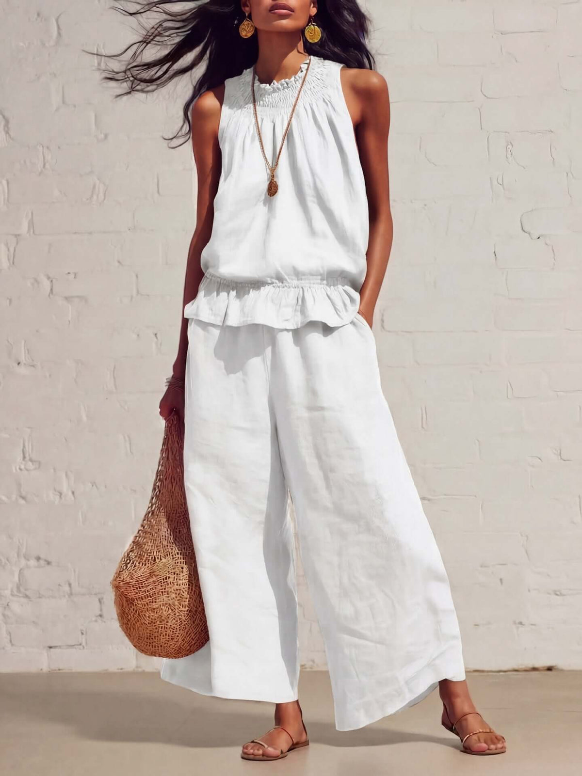 Women's Two-Piece Set Retro Ruffled Cotton Knitted