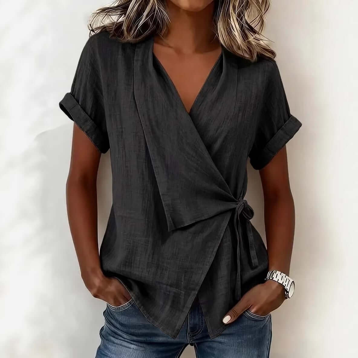 Top de mujer informal de manga corta con cuello de solapa y cordones
