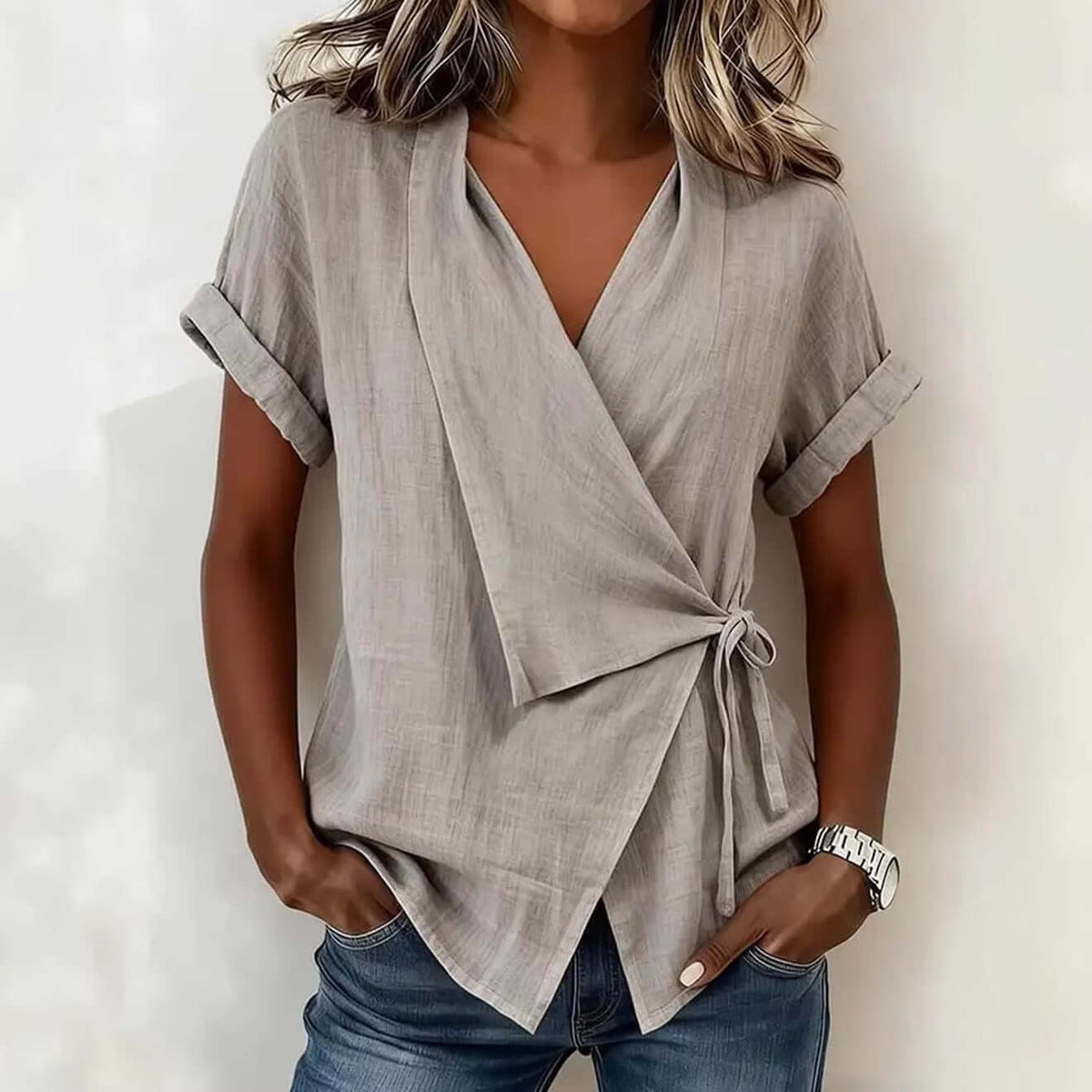 Top de mujer informal de manga corta con cuello de solapa y cordones