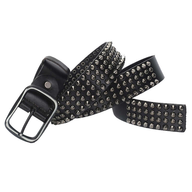 Cinturón unisex con hebilla de punta y remaches, de cuero vacuno plena flor