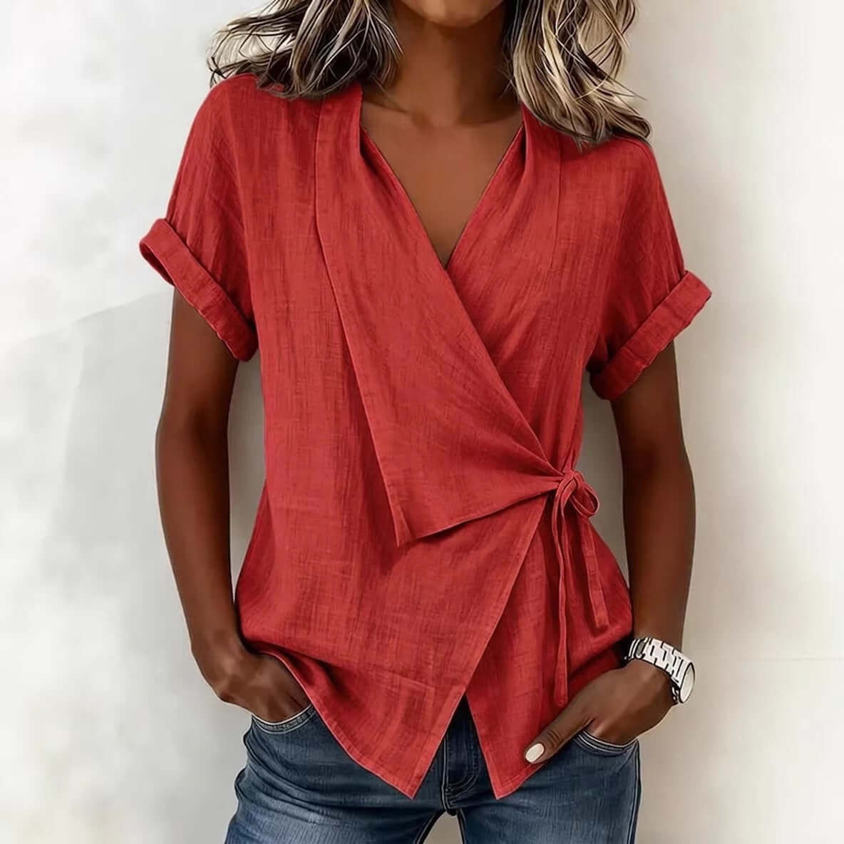 Top de mujer informal de manga corta con cuello de solapa y cordones