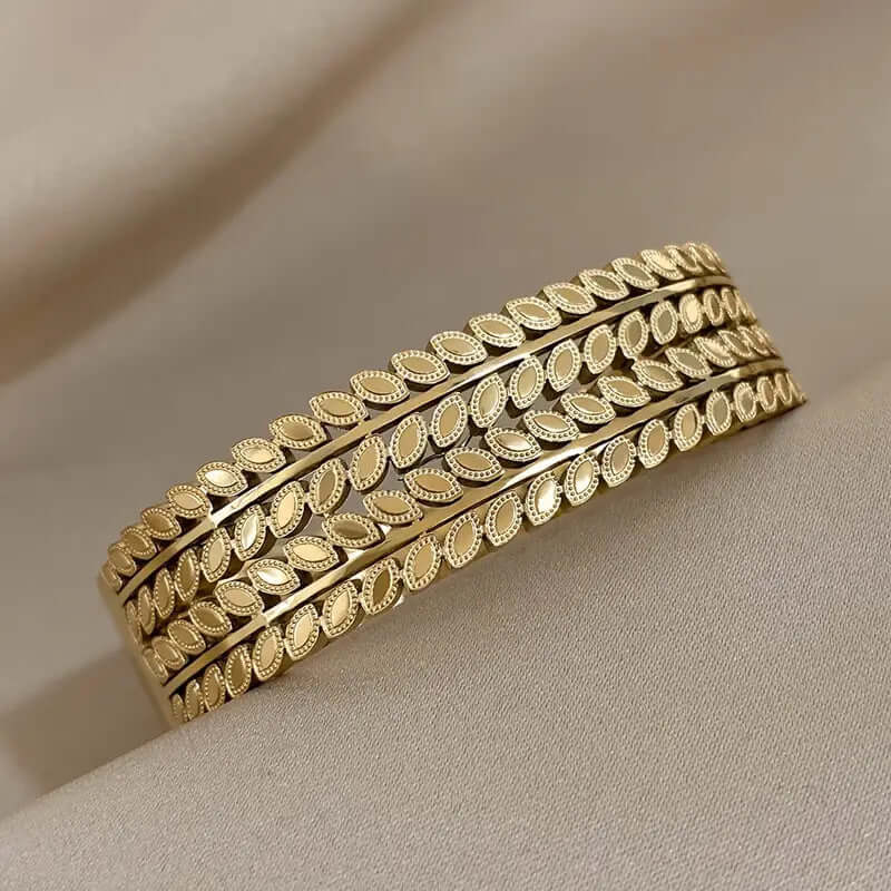 Bohemian-style Unique Wide-opening Stainless Steel Bracelet With Leaf Design