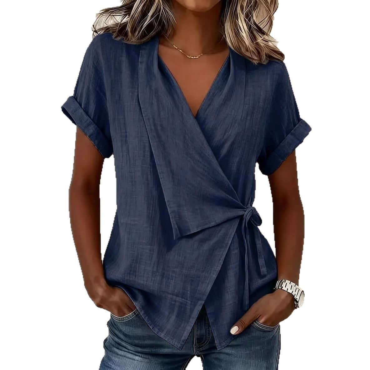 Top de mujer informal de manga corta con cuello de solapa y cordones