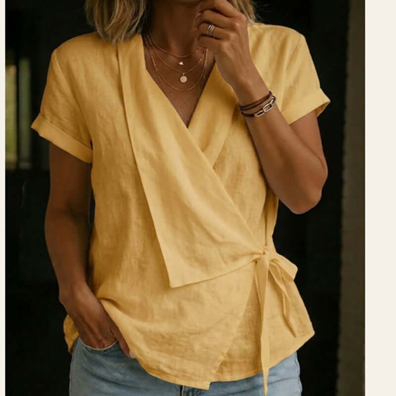 Top de mujer informal de manga corta con cuello de solapa y cordones