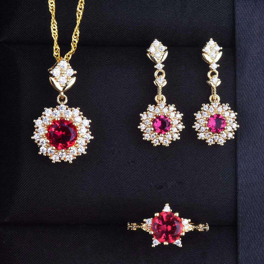 Juego de anillos, colgantes y pendientes rojos granate para mujer
