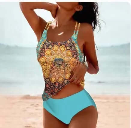Traje de baño con estampado de playa, bikini retro de talle alto y tiras