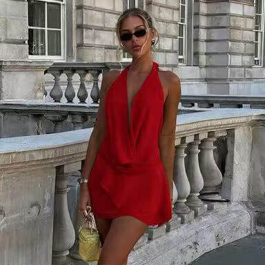 A model showcasing a backless halter neck dress in stunning red at an upscale location.