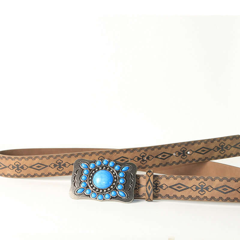 Cinturón con hebilla de aleación en relieve plateado antiguo y turquesa azul