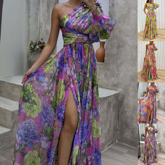 Floral print split maxi dress featuring one-shoulder design and long sleeves, perfect for stylish evening events.