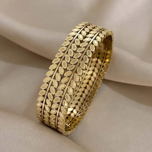 Bohemian-style Unique Wide-opening Stainless Steel Bracelet With Leaf Design