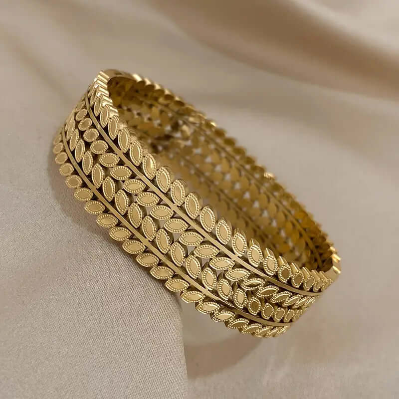 Bohemian-style Unique Wide-opening Stainless Steel Bracelet With Leaf Design