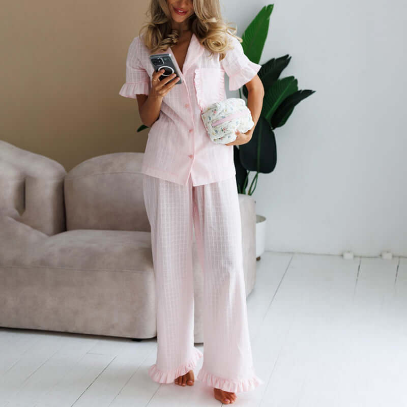 Women's Ruffled-edge Short-sleeve Pajama Set with Long Pants